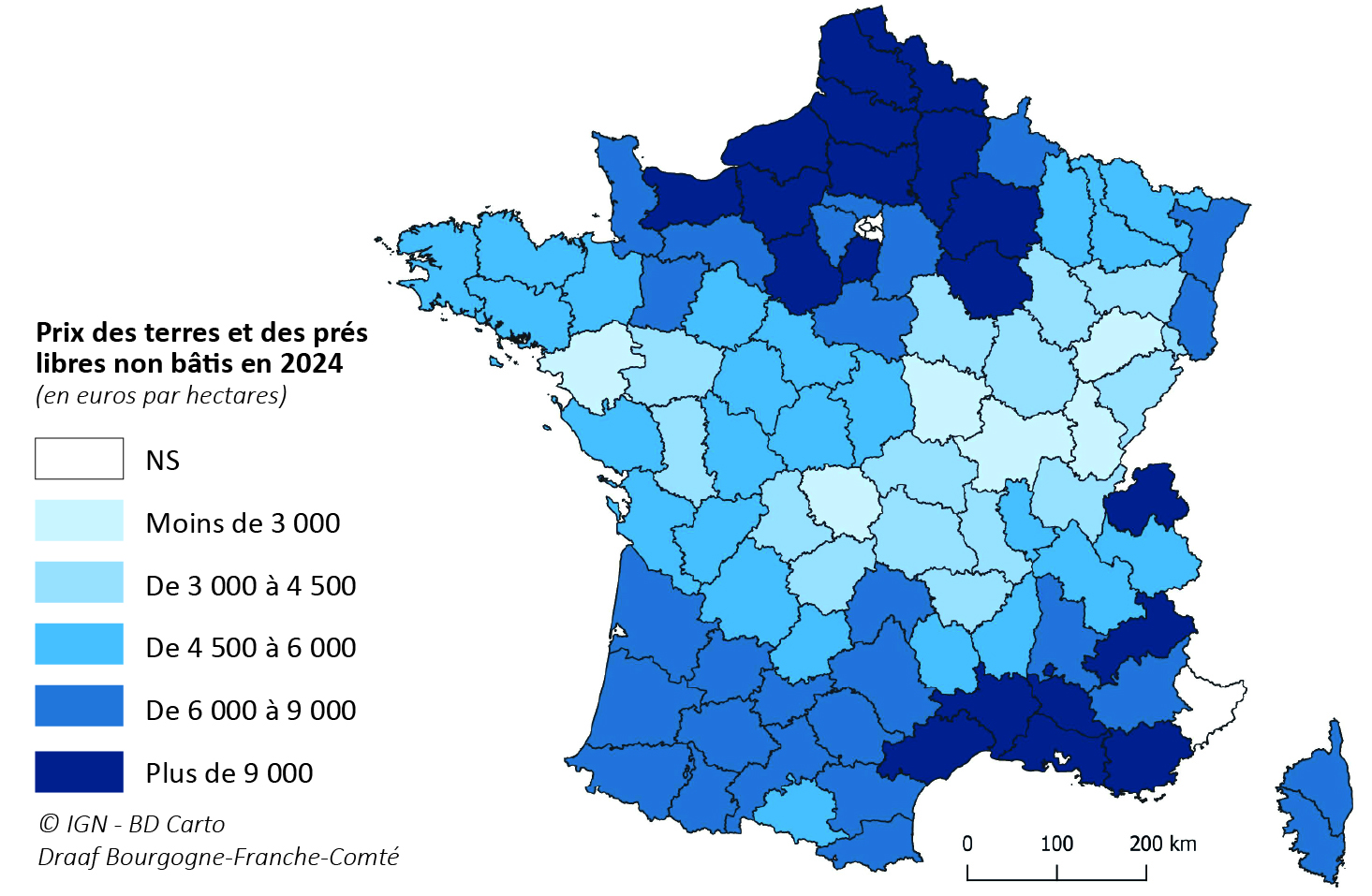 Figure 1. Les terres et prés de Bourgogne-Franche-Comté demeurent parmi les moins chers de France - voir la transcription ci-dessous