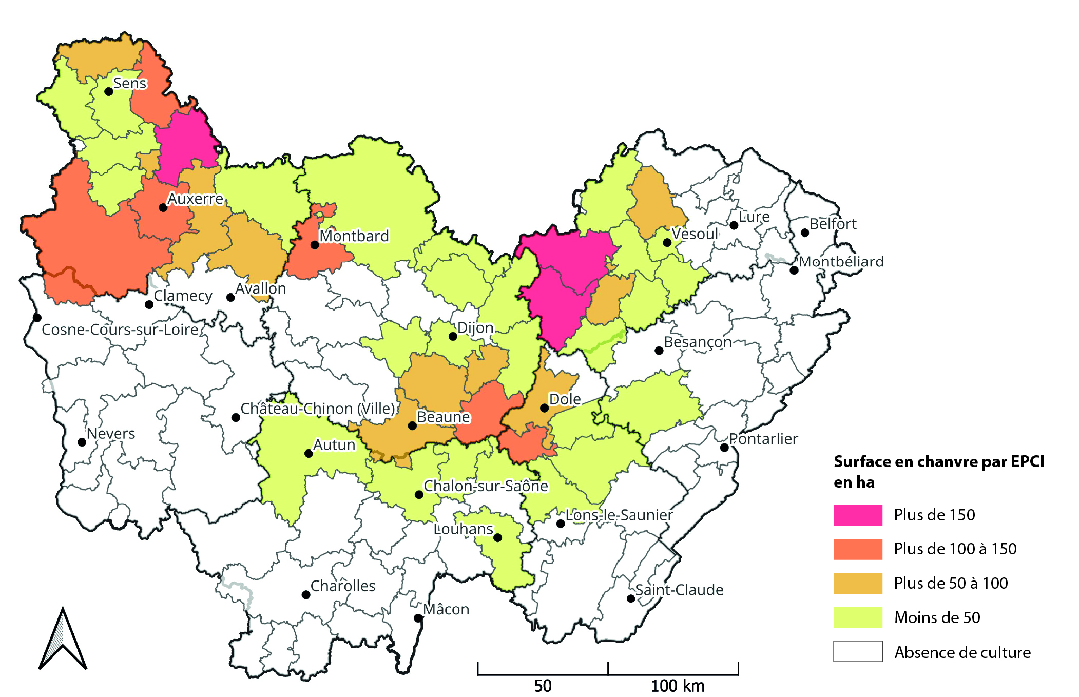 Figure 2- Implantation de la culture de chanvre en Bourgogne-Franche-Comté - voir la transcription ci-dessous