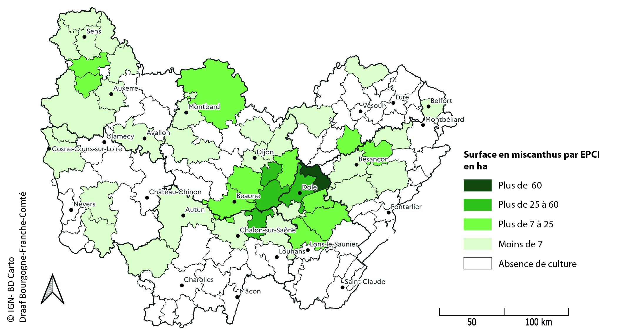 Figure 2 - Implantation de la culture de miscanthus en Bourgogne-Franche-Comté - voir la transcription ci-dessous