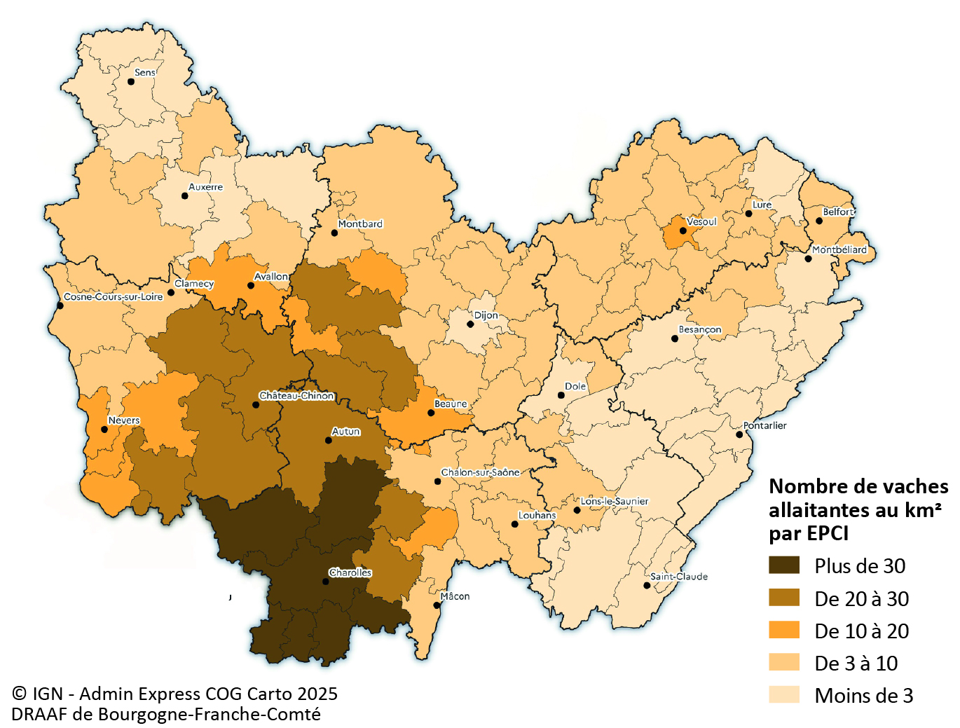 Figure 2 - Nombre de vaches allaitantes au km² par intercommunalité - voir la transcription ci-dessous