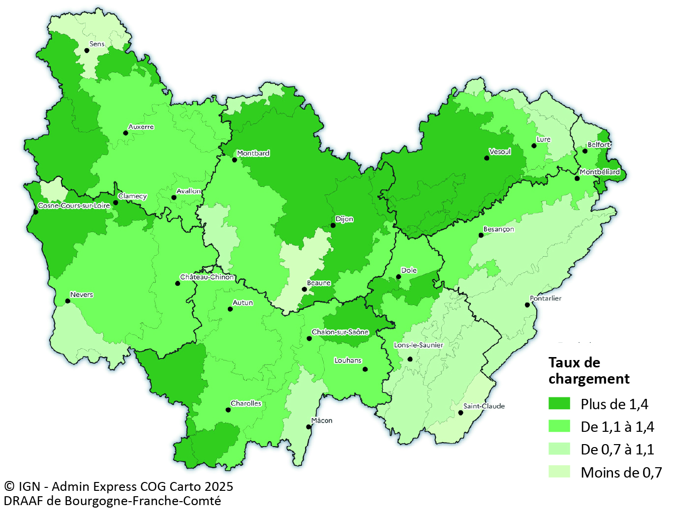 Figure 4 - Taux chargement bovins par Petite Région Agricole - voir la transcription ci-dessous