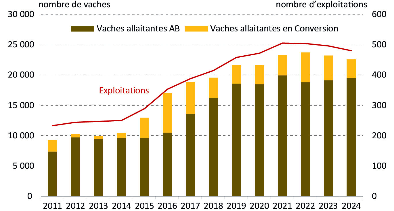 Figure 15 - Nombre de vaches allaitantes AB et nombre d'exploitations - voir la transcription ci-dessous
