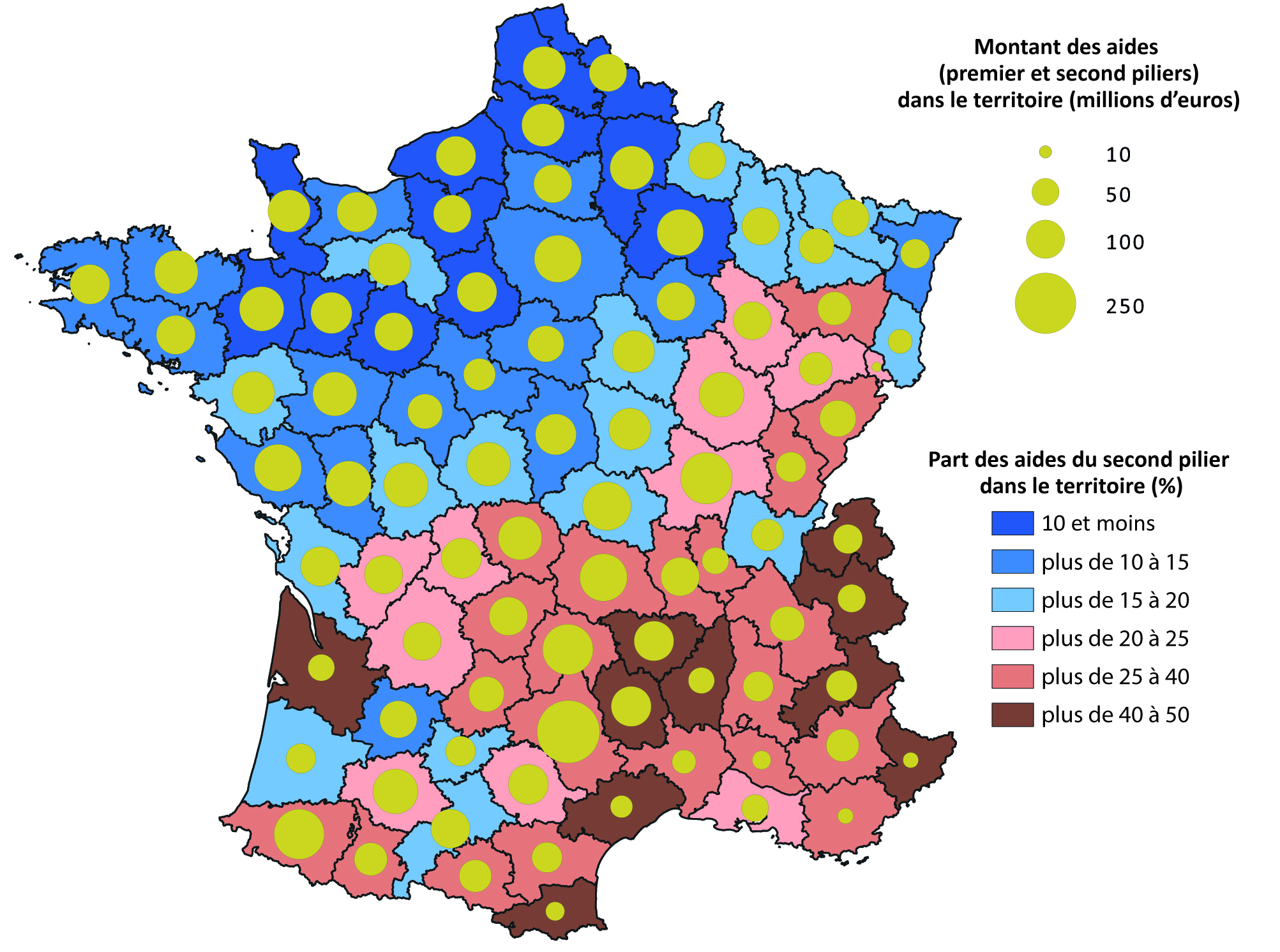 Montant des aides PAC des 1er et 2nd piliers et part des aides du 2nd pilier dans l'ensemble des aides, par département (sauf Ile-de-France, région) - voir la transcription ci-dessous
