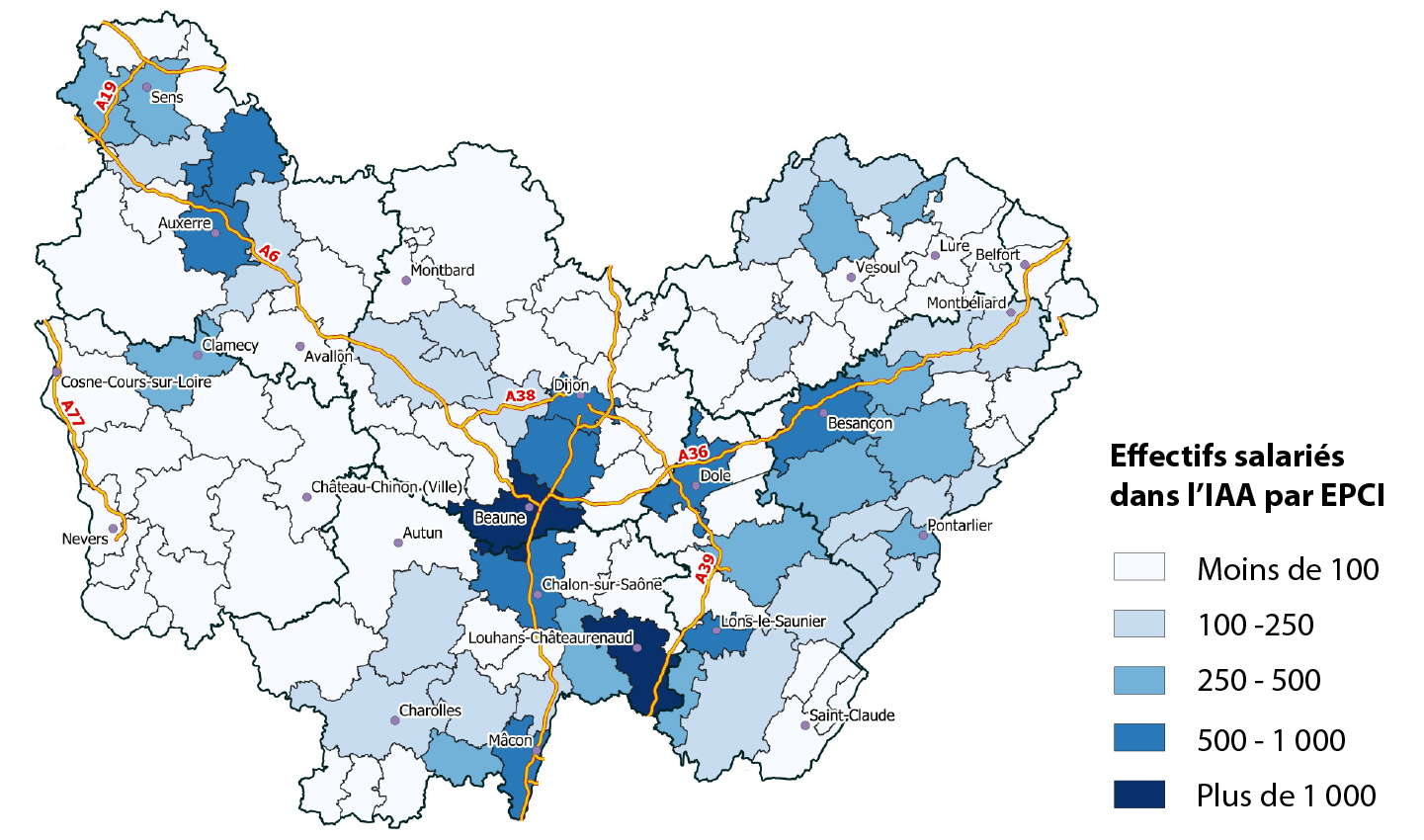 Figure 2 - Effectifs salariés dans l'IAA par EPCI en Bourgogne-Franche-Comté - voir la transcription ci-dessous