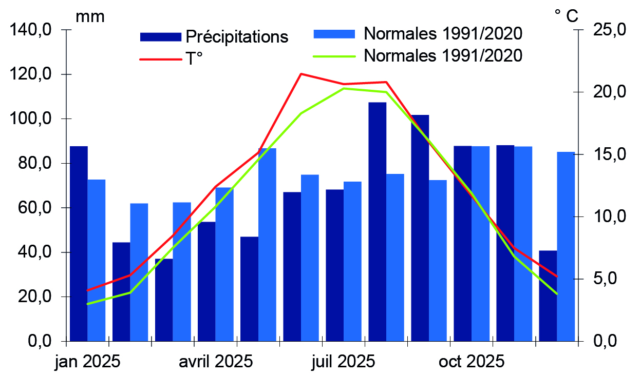 Figure 4 - Températures et précipitations en Bourgogne-Franche-Comté - voir la transcription ci-dessous