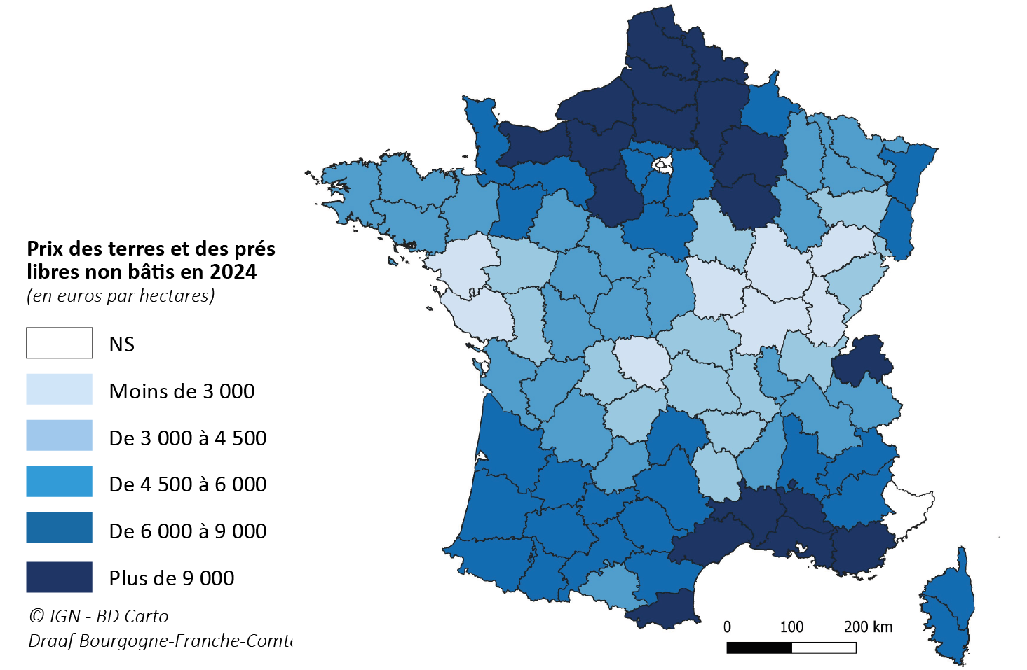 Figure 3. Prix des terres et prés libres non bâtis en 2025 - voir la transcription ci-dessous