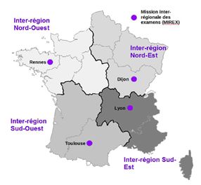 La France métropolitaine est divisée en 4 zones. Cette carte situe les 4 DRAAF porteuses de MIREX : Lyon, Toulouse, Renne et Dijon