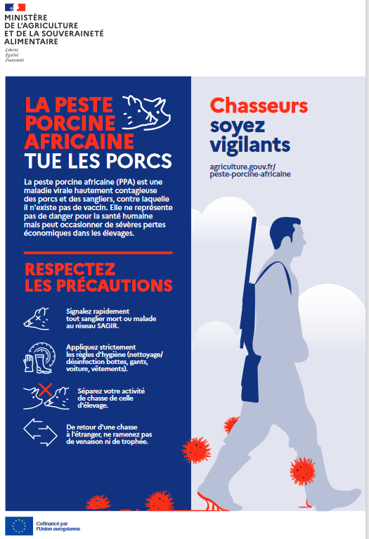 Message de prévention destiné aux chasseurs : signaler tout sanglier mort ou malade au réseau SAGIR, règles d'hygiène au retour de chasse