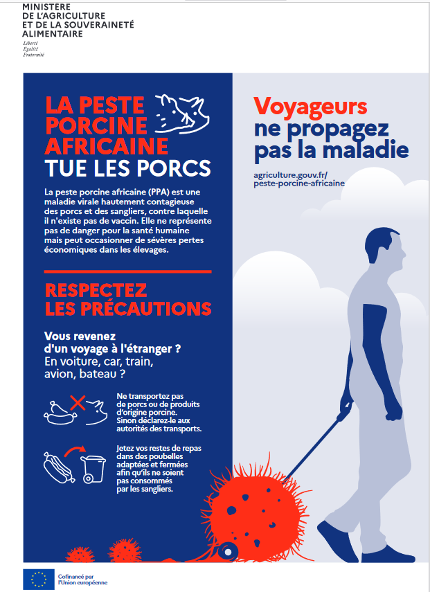 Précautions à respecter de retour d'un voyage à l'étranger : ne transportez pas de porcs ou produits d'origine porcine, ou sinon déclarez-les aux autorités des transports. Jetez vos restes de repas dans des poubelles adaptées et fermées afin qu'ils ne soient pas consomés par des sangliers.